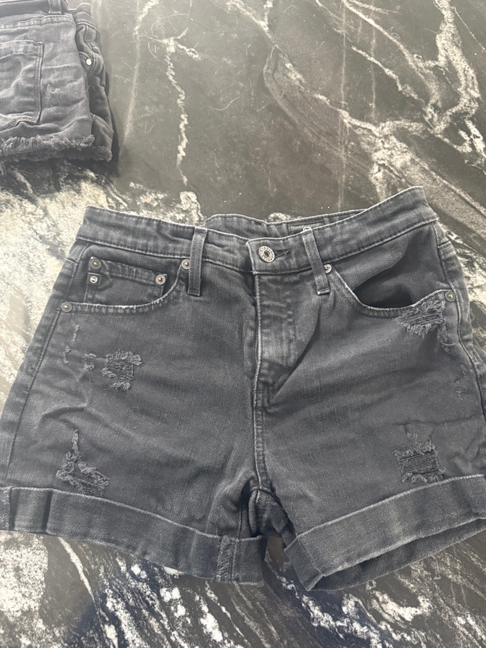 AG Adriano Goldschmied Washed Black Distressed Denim Shorts